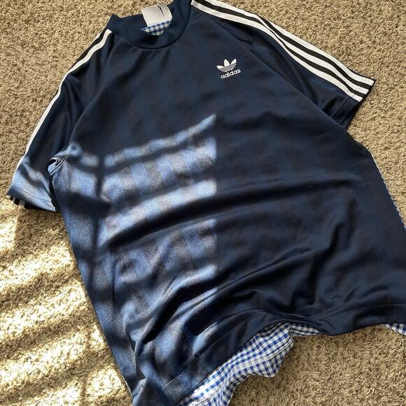 Adidas Originals Men's Polyester Navy Back Checker Print Shirt Size M 3 Striped - Picture 2 of 9